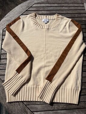 Evereve Harlow Cream Crewneck Pullover Sweater Brown Suede Stripes Sz Large Soft